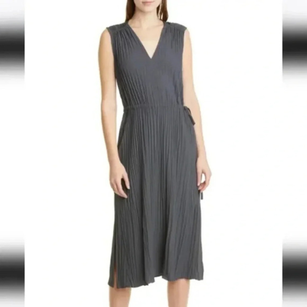 $395 VINCE V-neck Pleated Tie Sleeveless Slate Blue Dress sz 3XL B2406